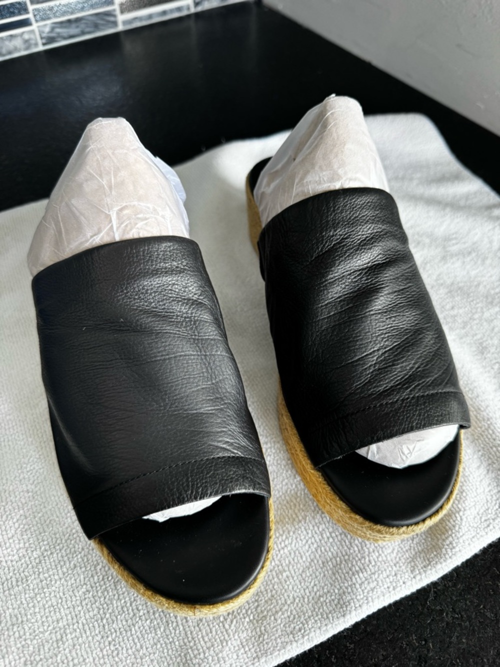 Vince Black Leather Espadrille Slide Sandals